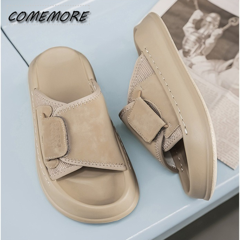 Men Shoes Velcro - Comemore Men's Thick-Soled Indoor Outdoor Slippers