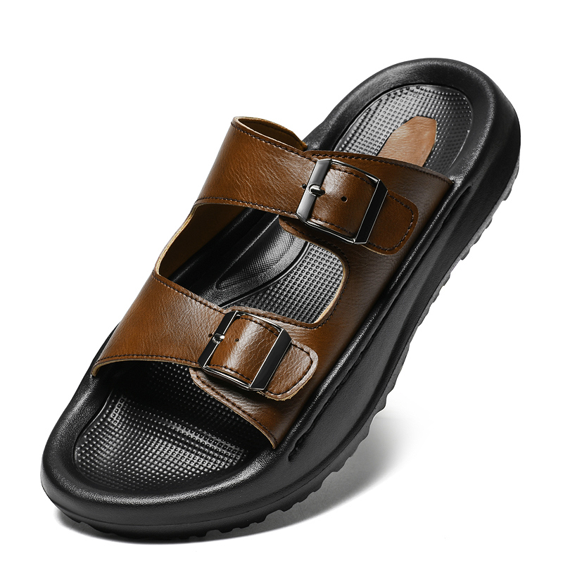 Men Shoes Velcro - Mens Slip On Sandals Leather Slippers