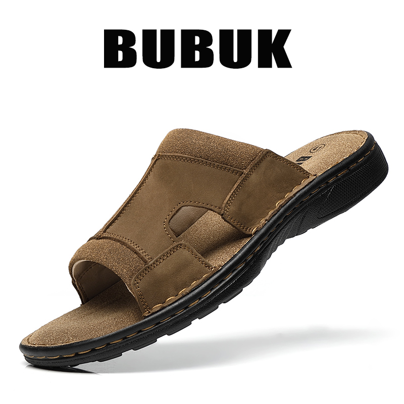 Men Shoes Velcro - Bubuk Men's Outdoor Slip-On Leather Slippers,